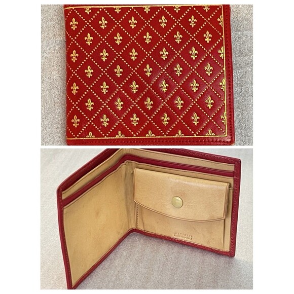 Misuri Handbags - VTG Misuri Florence Italy Leather Bifold Wallet Scarlet Red Gold Fleur de Lis
